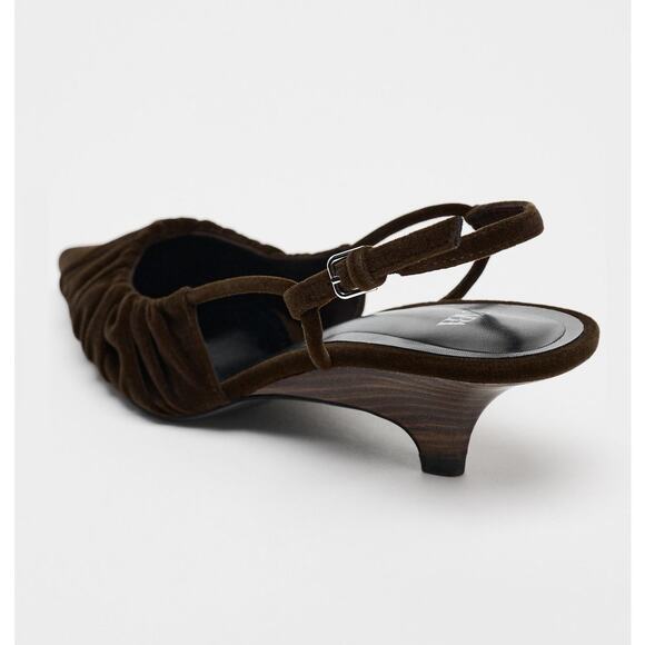 ZARA Velvet Slingback Kitten Heels NWT β Brown Ruched Pointed Toe, Size 7.5 - Picture 13 of 16